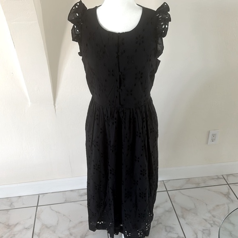 J. Crew Black Eyelet Ruffle-Sleeve Midi Dress
